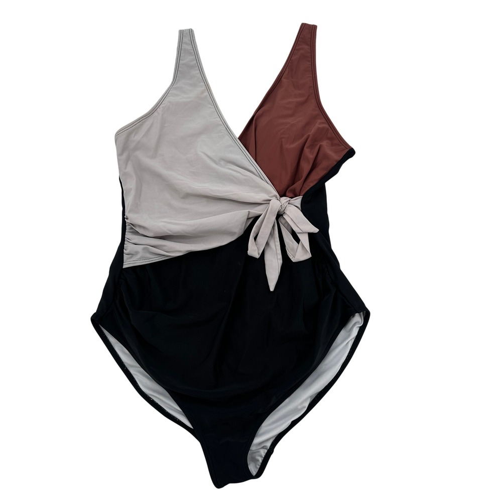Summer Mae Colorblock Wrap Front One Piece Swimsuit Black Tan Rust XL Summer